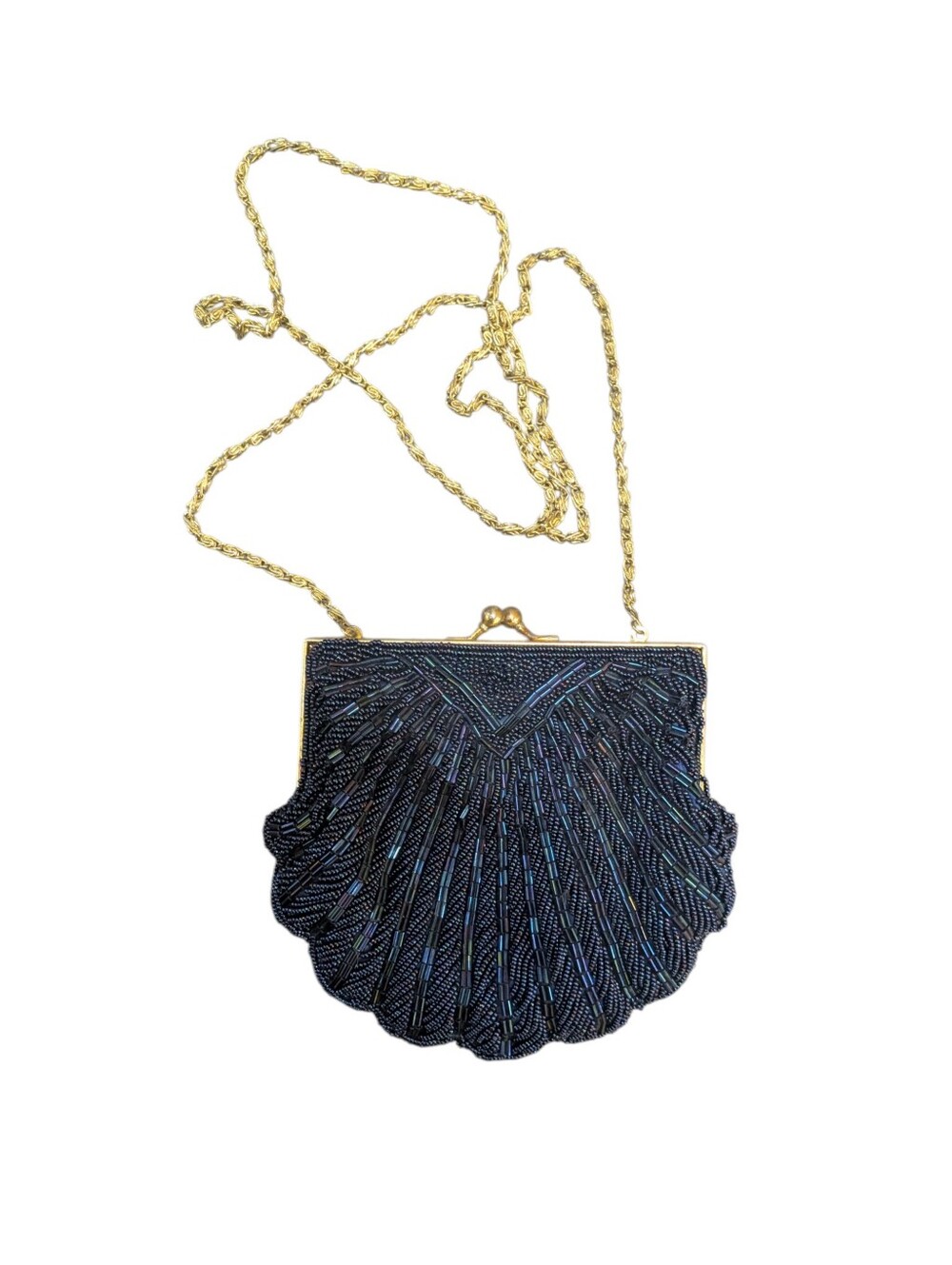 Blue Beaded Clamshell LaRegale Evening Bag W/Gold Toned Chain Strap